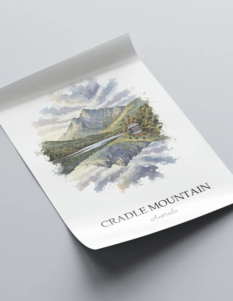 Minimalist poster of Cradle Mountain in Australia in a light frame standing by a window in a boho style room.