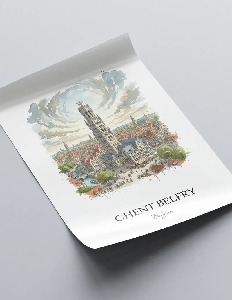 A close-up of a high-quality paper print featuring the Ghent Belfry in Belgium minimalist design.