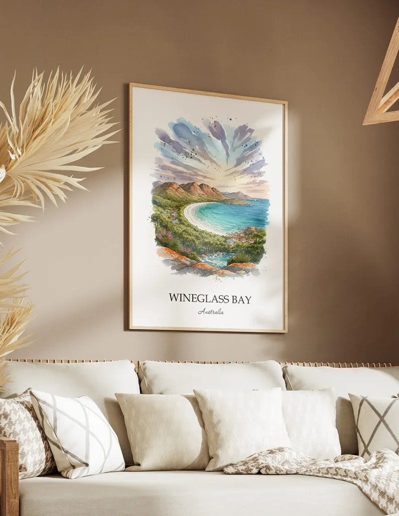 A close-up of a high-quality paper print featuring the Wineglass Bay in Australia minimalist design.