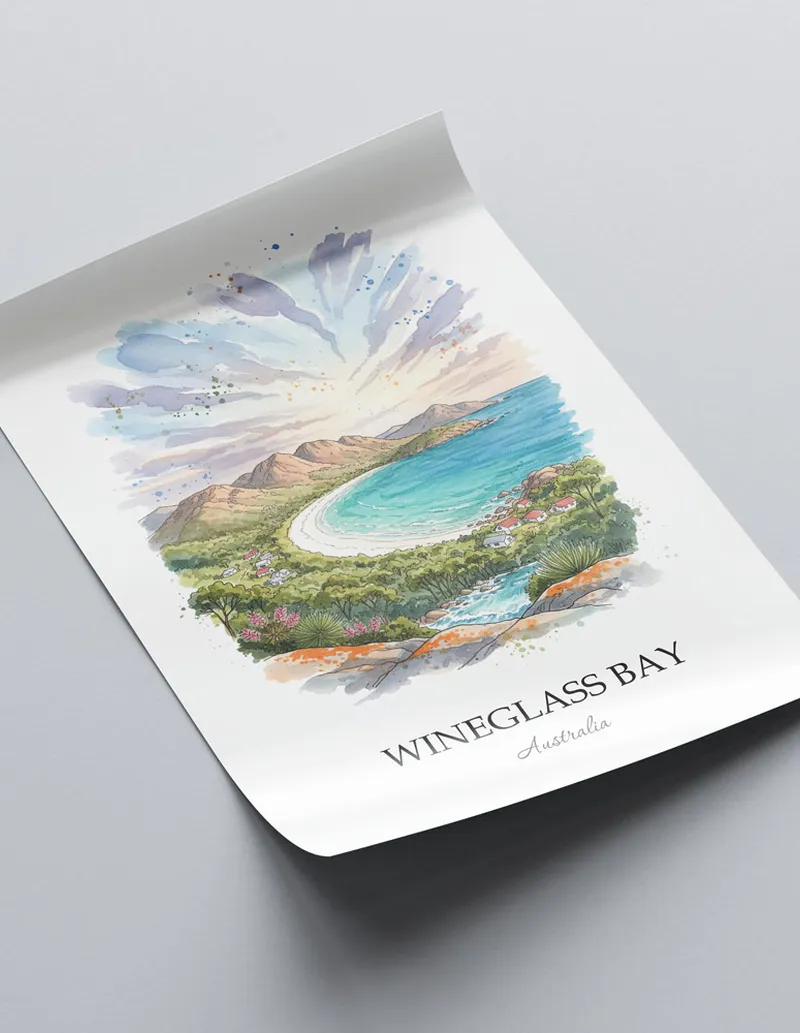 Minimalist poster of Wineglass Bay in Australia in a light frame standing by a window in a boho style room.