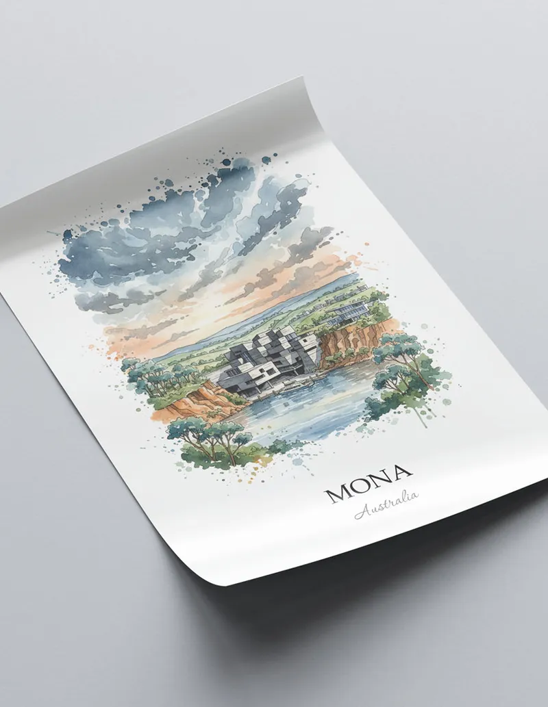 Minimalist poster of MONA in Australia in a light frame standing by a window in a boho style room.