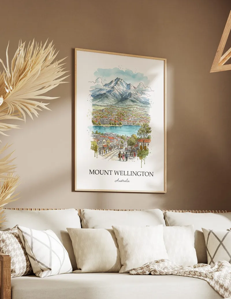 A close-up of a high-quality paper print featuring the Mount Wellington in Australia minimalist design.