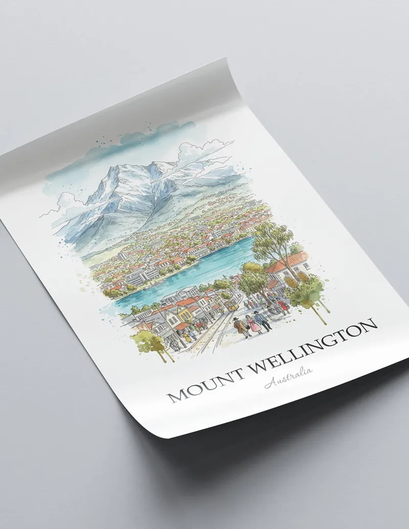 Minimalist poster of Mount Wellington in Australia in a light frame standing by a window in a boho style room.