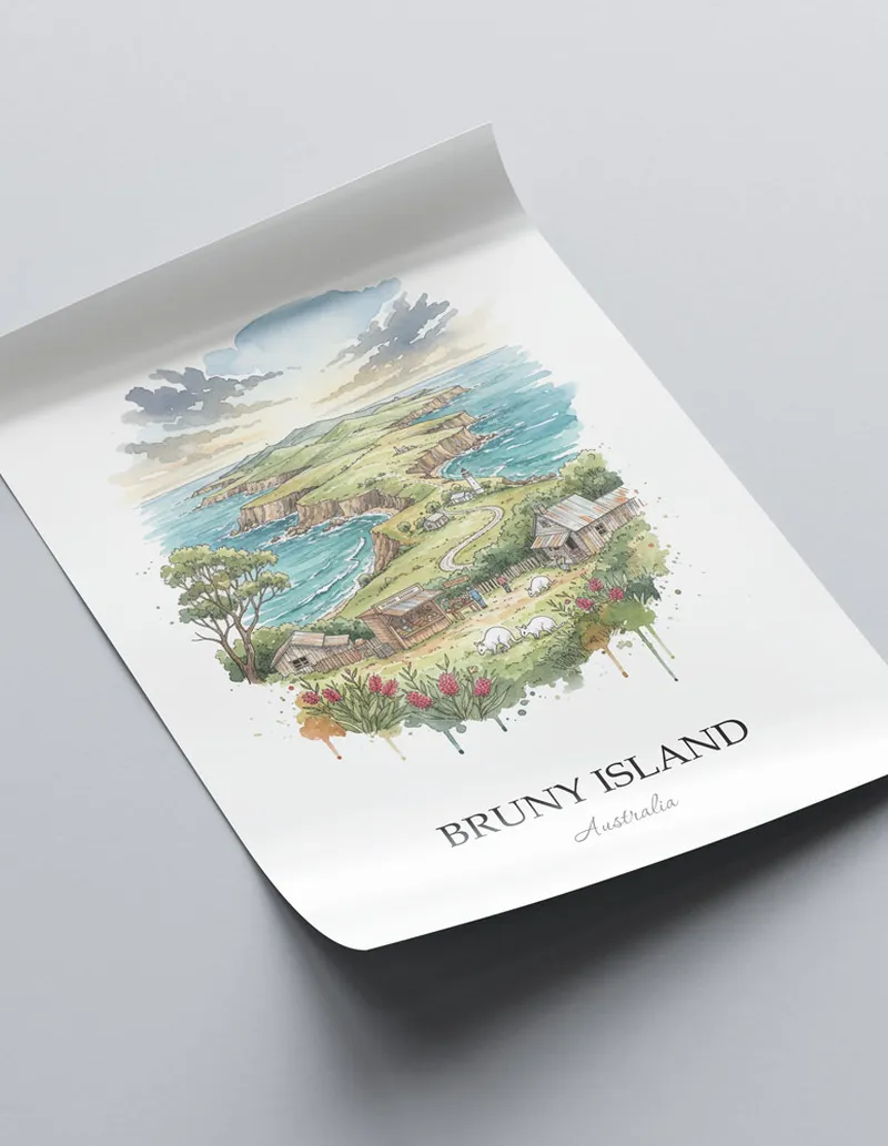 Minimalist poster of Bruny Island in Australia in a light frame standing by a window in a boho style room.