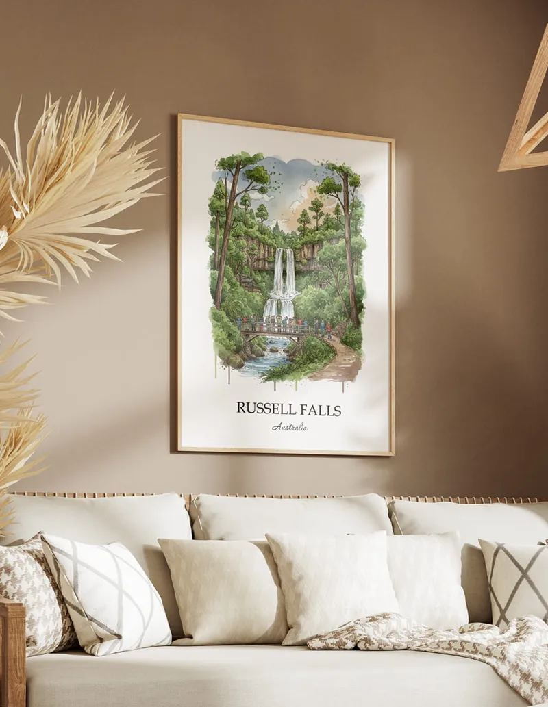 A close-up of a high-quality paper print featuring the Russell Falls in Australia minimalist design.