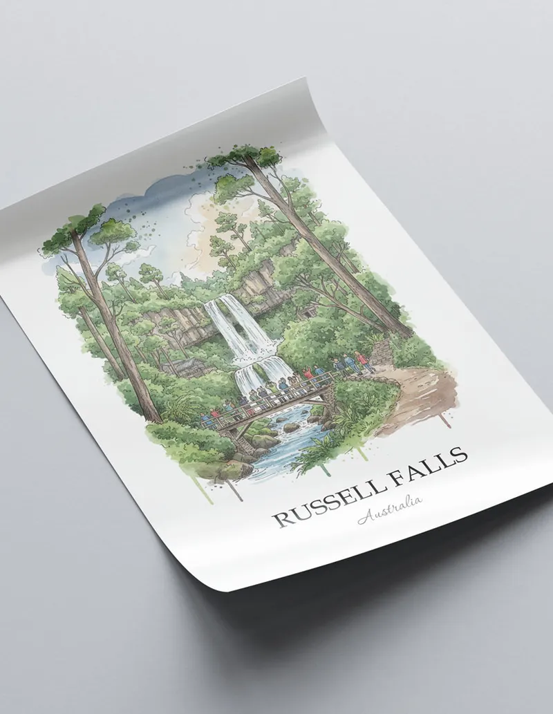 Minimalist poster of Russell Falls in Australia in a light frame standing by a window in a boho style room.