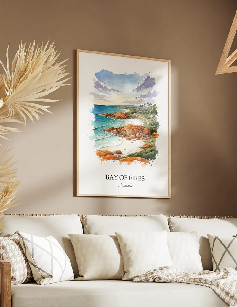 A close-up of a high-quality paper print featuring the Bay of Fires in Australia minimalist design.