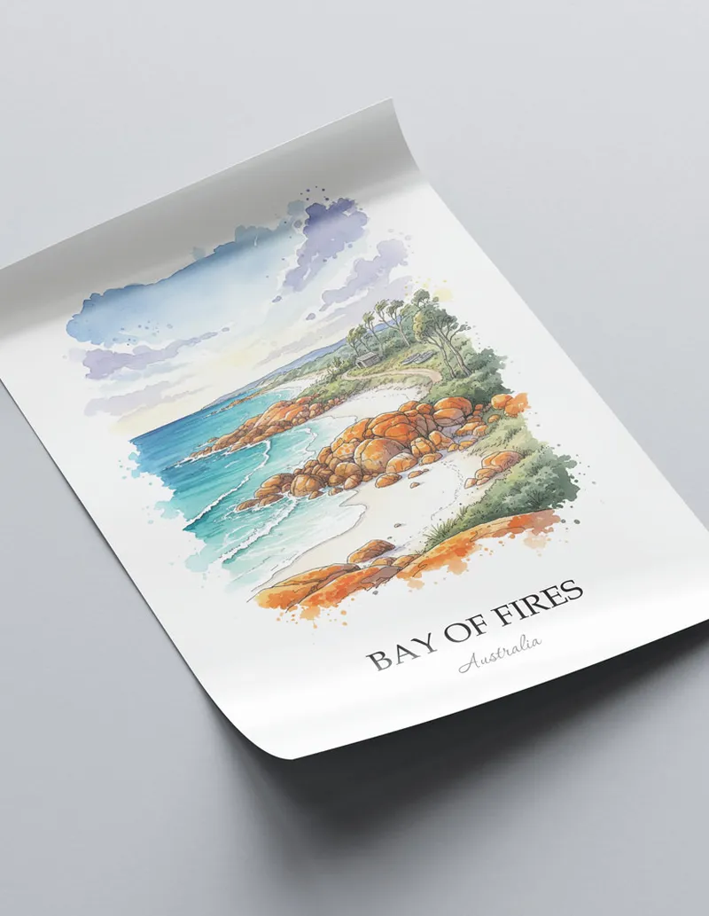 Minimalist poster of Bay of Fires in Australia in a light frame standing by a window in a boho style room.