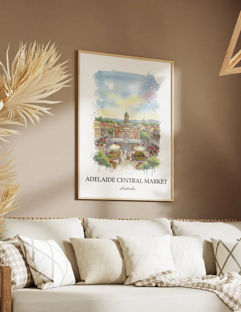 A close-up of a high-quality paper print featuring the Adelaide Central Market in Australia minimalist design.