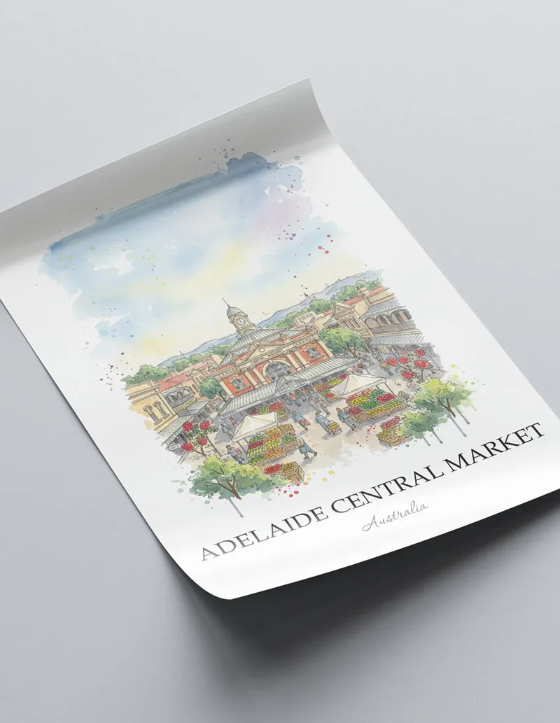 Minimalist poster of Adelaide Central Market in Australia in a light frame standing by a window in a boho style room.