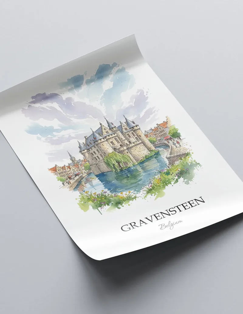 A close-up of a high-quality paper print featuring the Gravensteen in Belgium minimalist design.