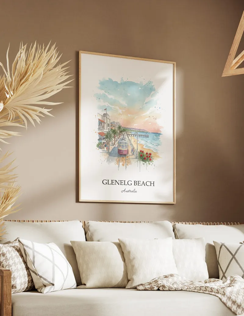 A close-up of a high-quality paper print featuring the Glenelg Beach in Australia minimalist design.