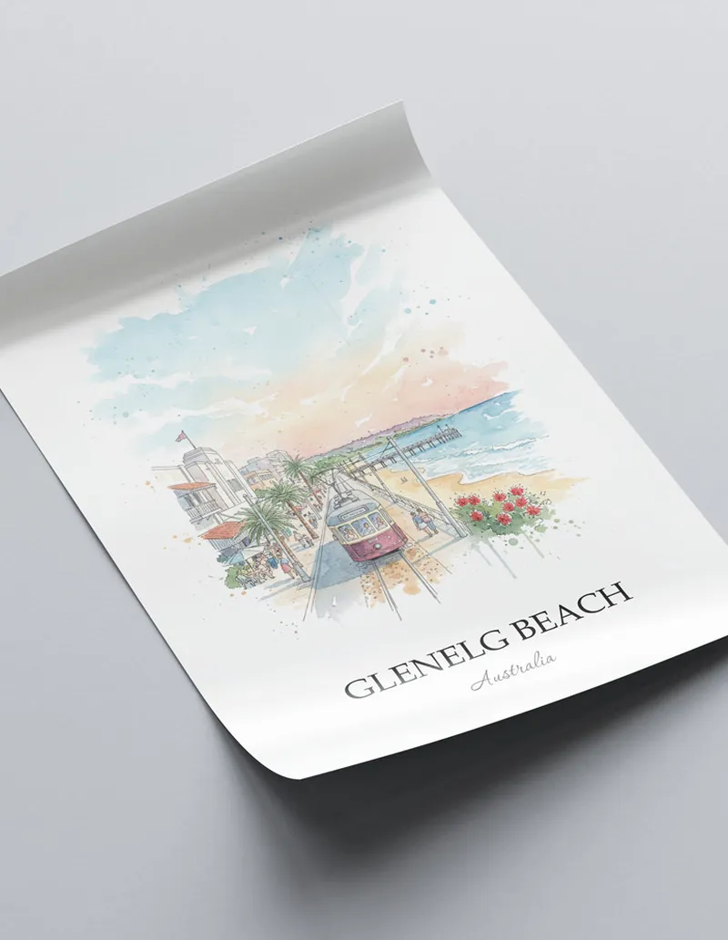 Minimalist poster of Glenelg Beach in Australia in a light frame standing by a window in a boho style room.