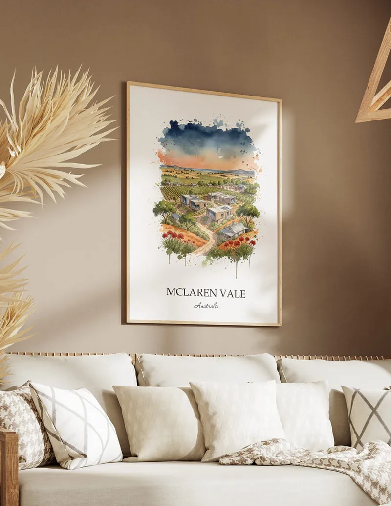 A close-up of a high-quality paper print featuring the McLaren Vale in Australia minimalist design.