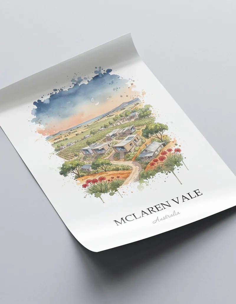 Minimalist poster of McLaren Vale in Australia in a light frame standing by a window in a boho style room.