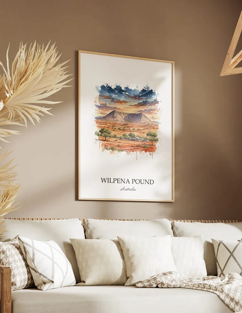 A close-up of a high-quality paper print featuring the Wilpena Pound in Australia minimalist design.
