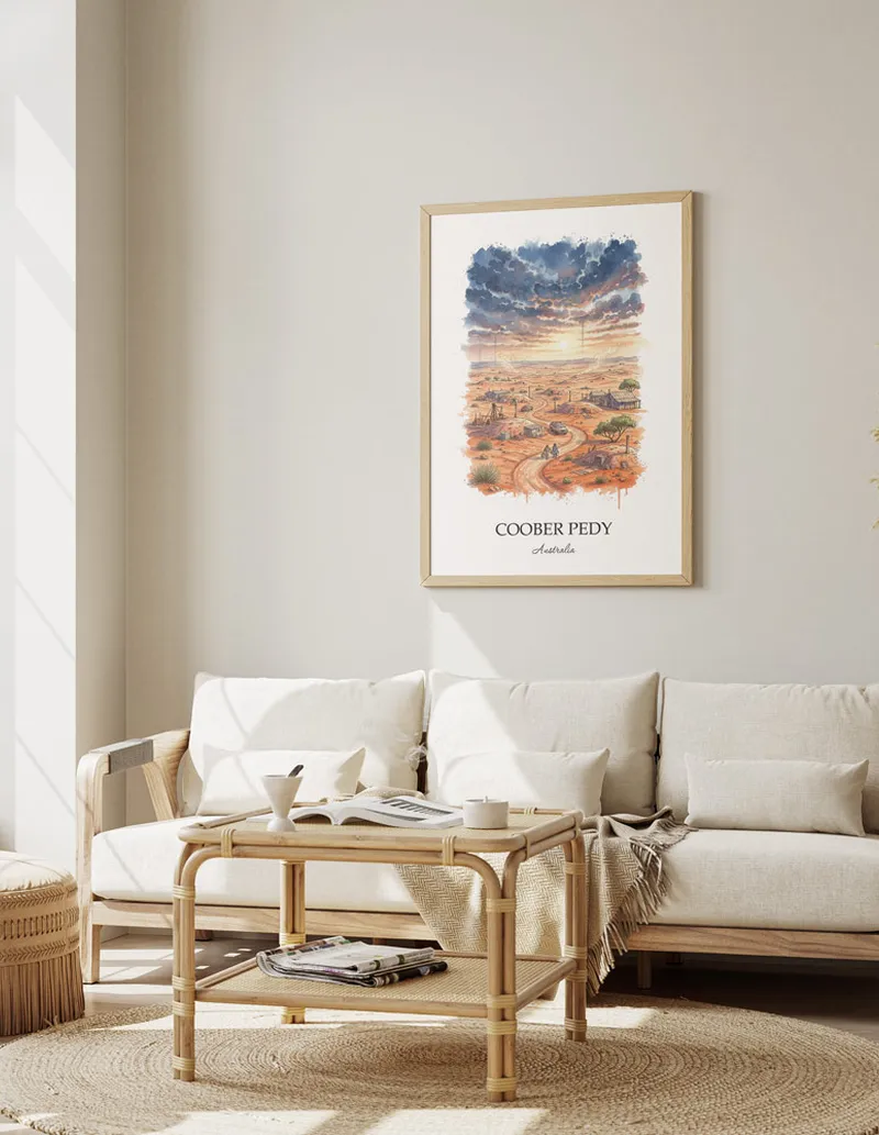 A clean and modern mockup showing a framed Coober Pedy, Australia print on a minimalist background.
