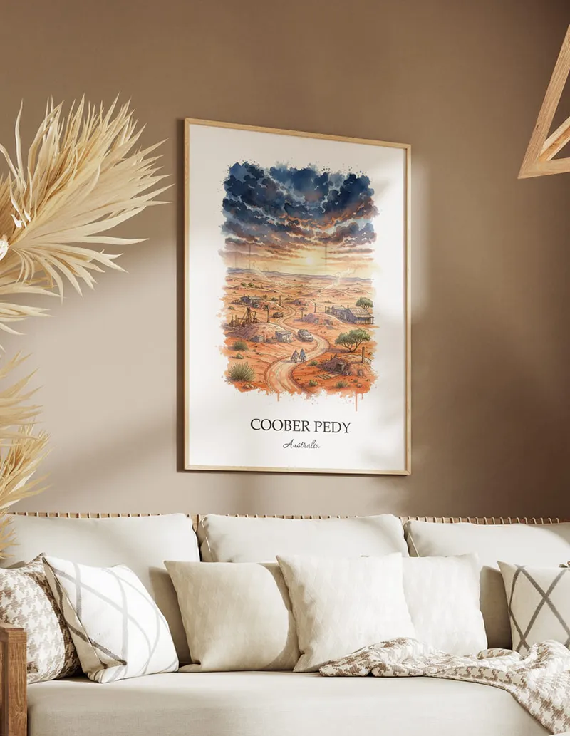 A close-up of a high-quality paper print featuring the Coober Pedy in Australia minimalist design.