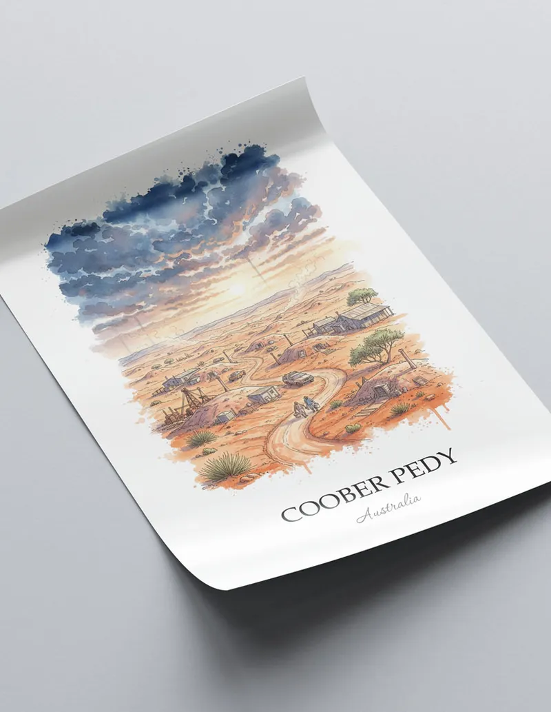 Minimalist poster of Coober Pedy in Australia in a light frame standing by a window in a boho style room.