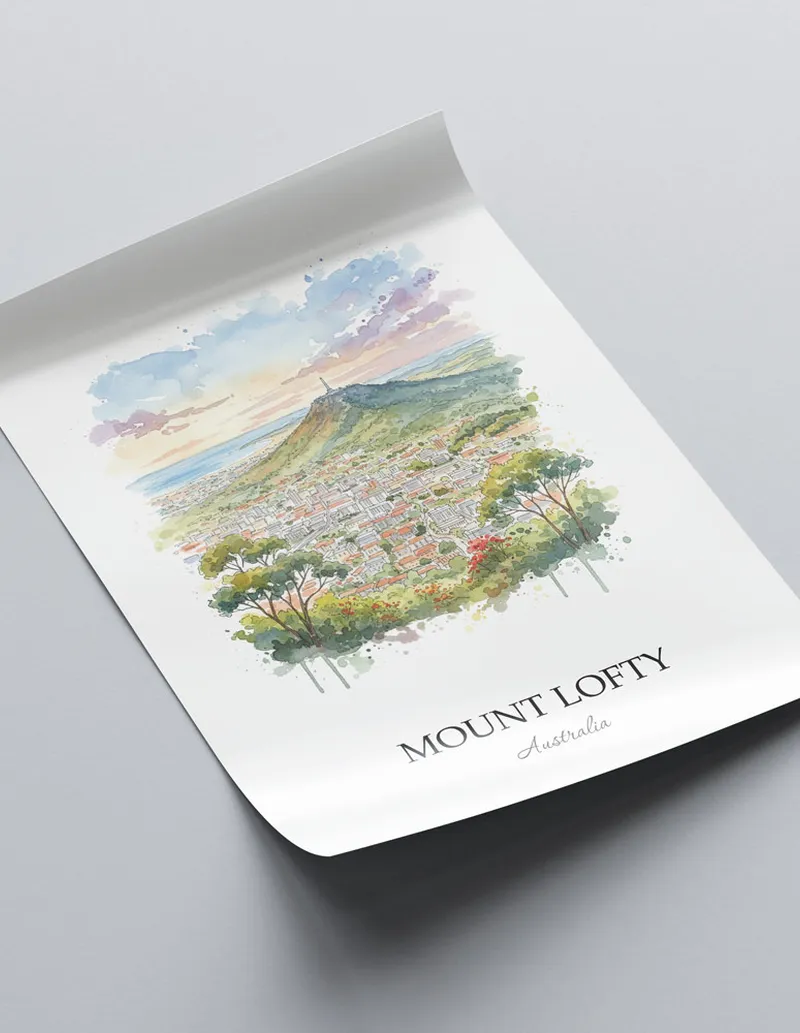 Minimalist poster of Mount Lofty in Australia in a light frame standing by a window in a boho style room.