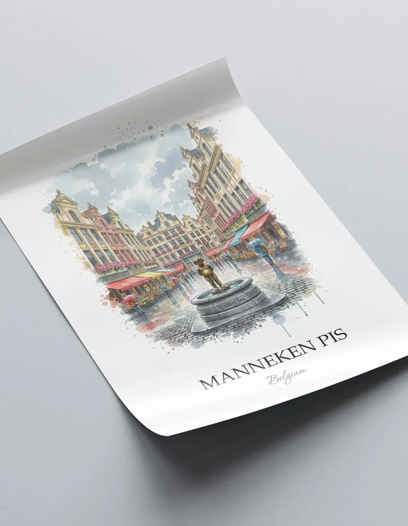 A close-up of a high-quality paper print featuring the Manneken Pis in Belgium minimalist design.