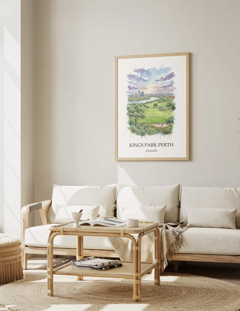 A clean and modern mockup showing a framed Kings Park Perth, Australia print on a minimalist background.