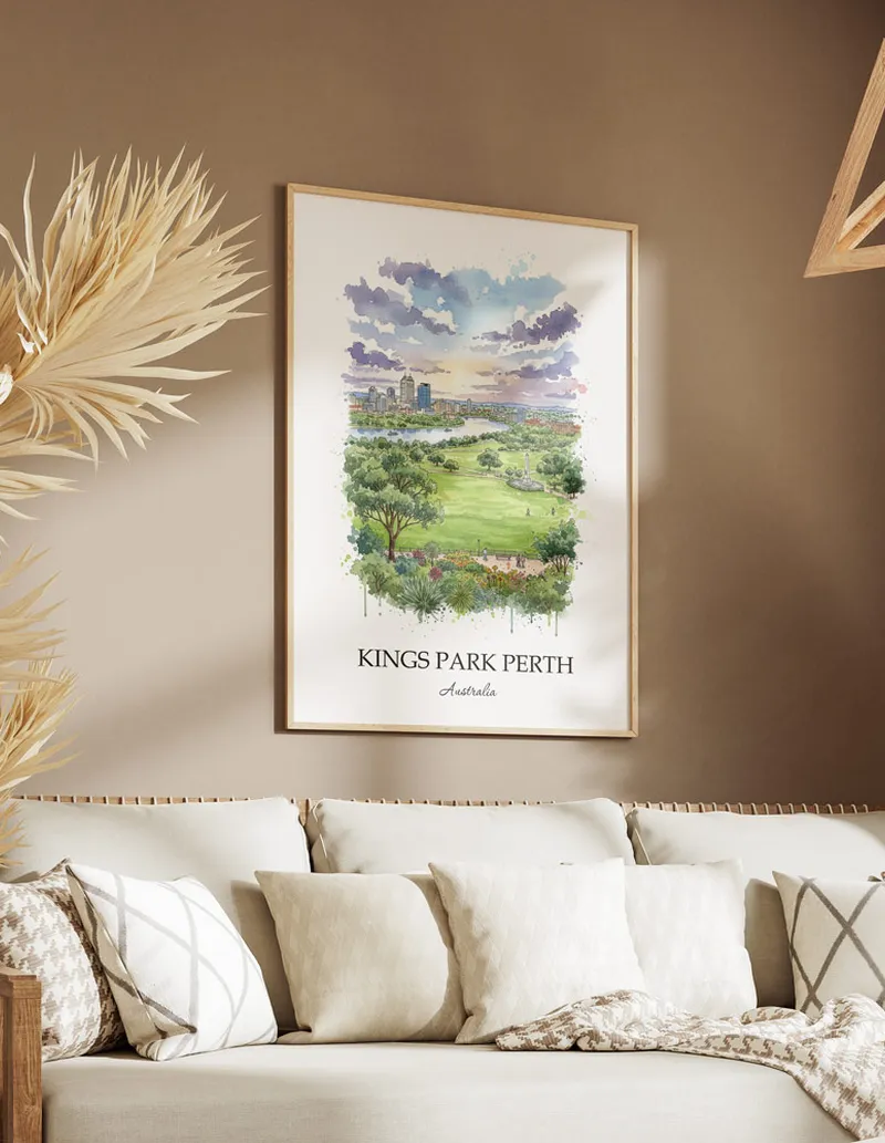 A close-up of a high-quality paper print featuring the Kings Park Perth in Australia minimalist design.