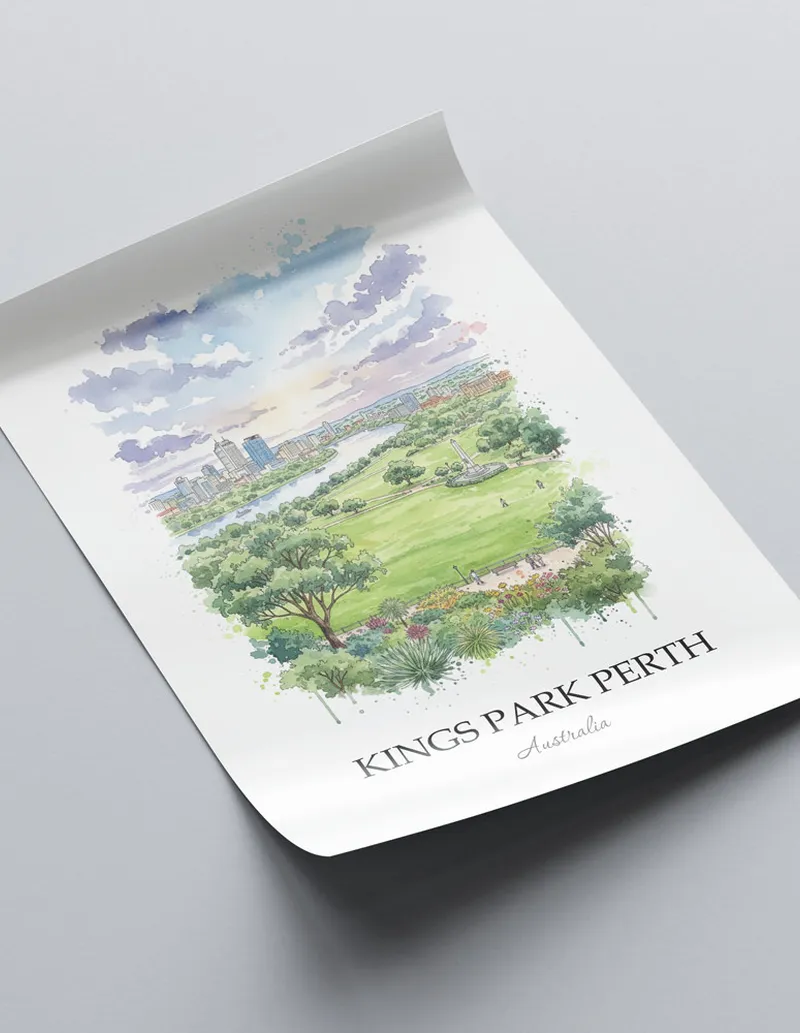 Minimalist poster of Kings Park Perth in Australia in a light frame standing by a window in a boho style room.