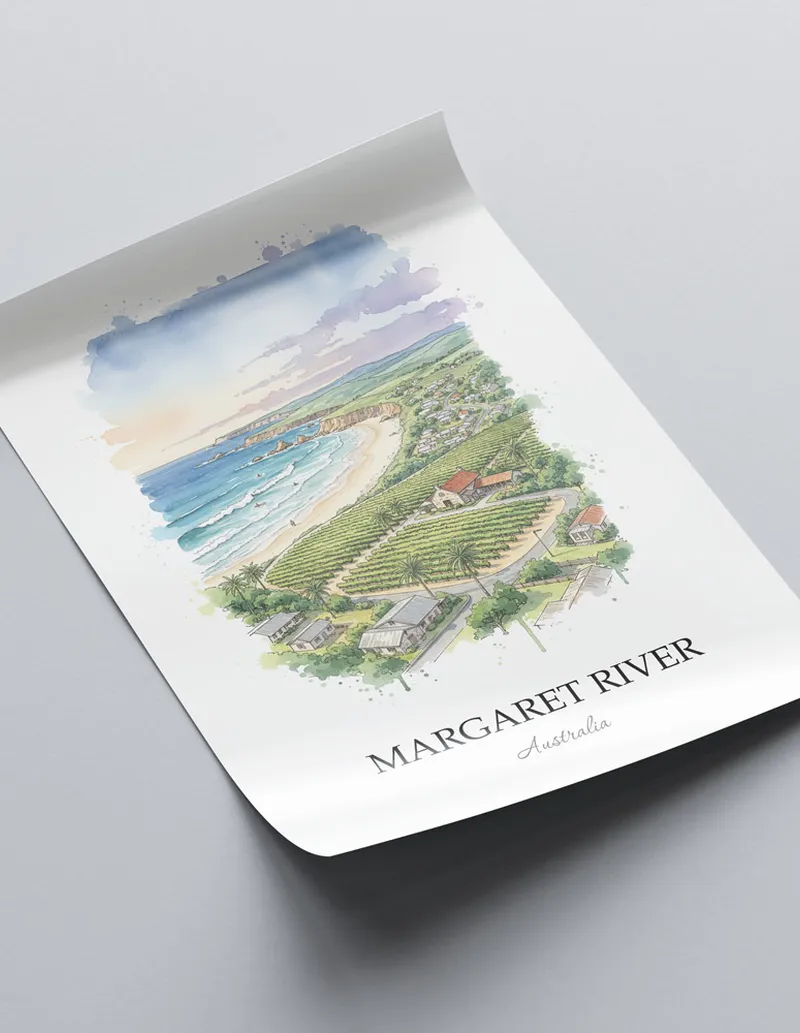 Minimalist poster of Margaret River in Australia in a light frame standing by a window in a boho style room.