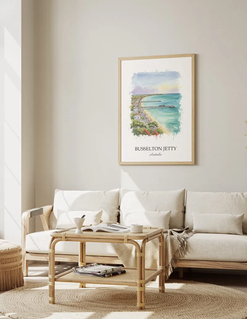 A clean and modern mockup showing a framed Busselton Jetty, Australia print on a minimalist background.