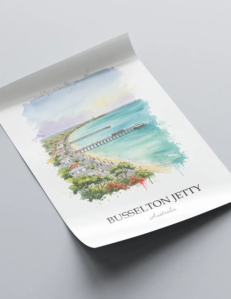 Minimalist poster of Busselton Jetty in Australia in a light frame standing by a window in a boho style room.