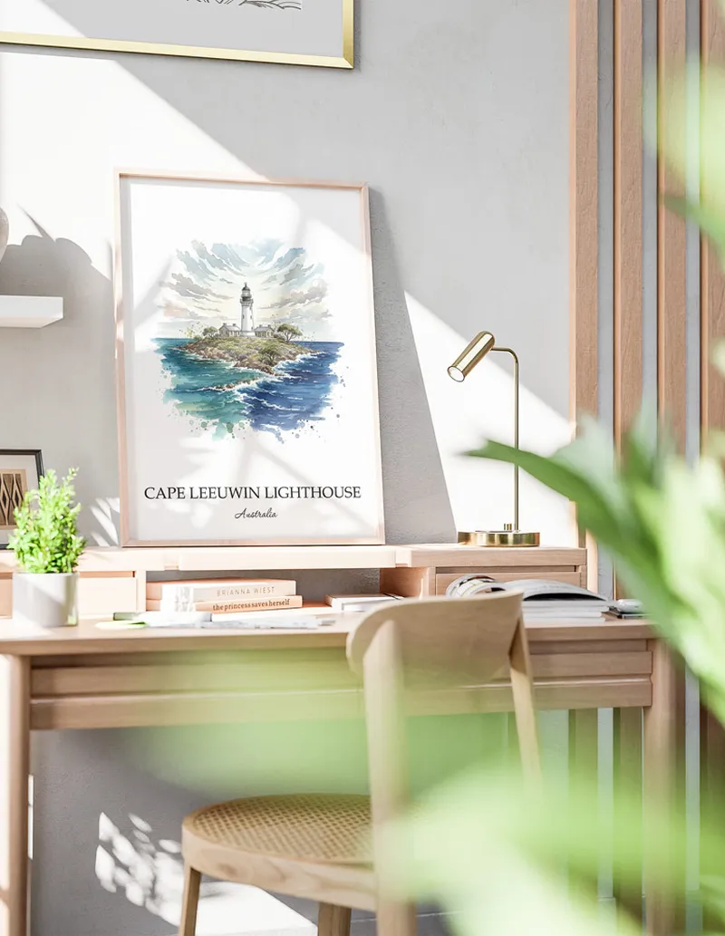 A lovely interior preview showcasing a vintage-vibe travel poster design of the scenic Cape Leeuwin Lighthouse in Australia.