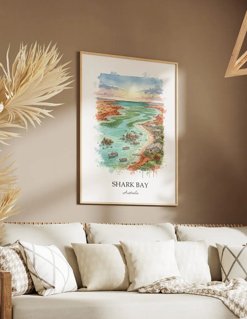 Framed wall art featuring Shark Bay in Australia in a light wood frame leaning on the floor.