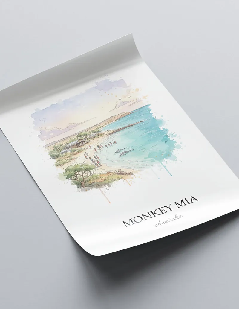Framed wall art featuring Monkey Mia, Australia in a light wood frame hanging above a sofa in a modern living room.