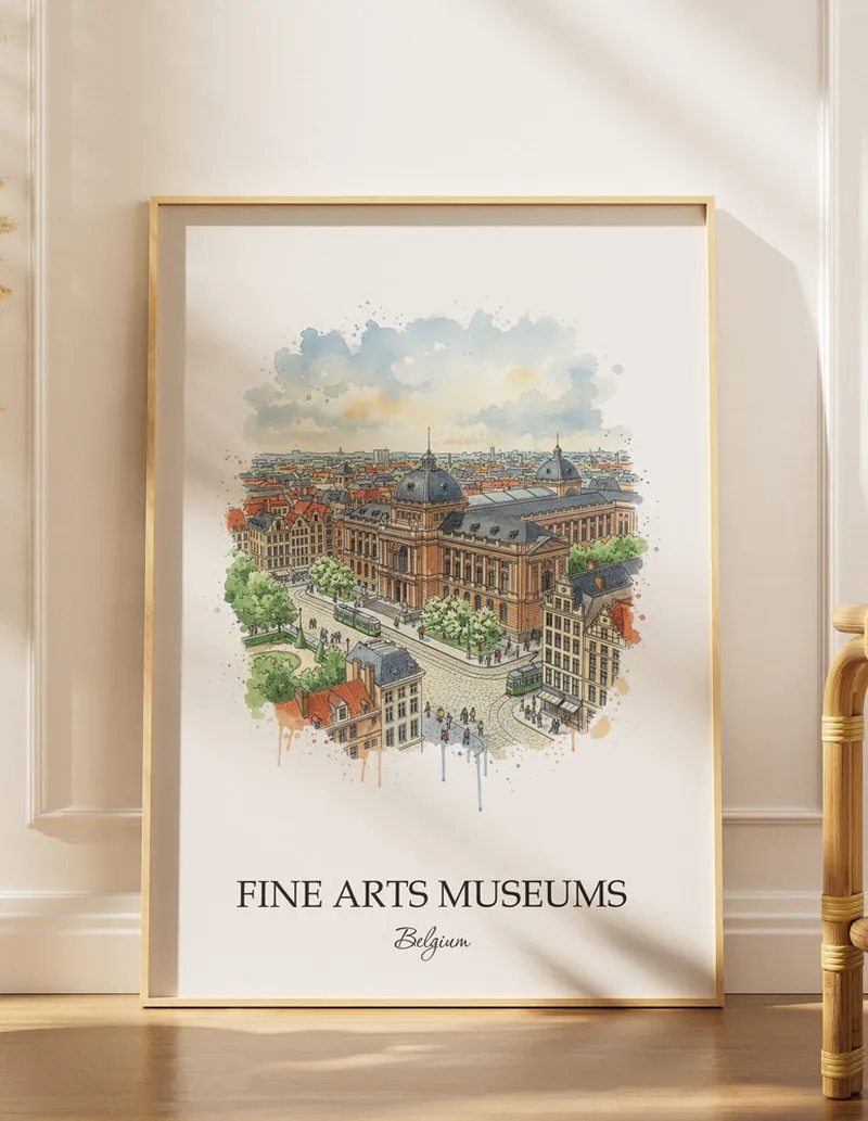 Framed wall art featuring Fine Arts Museums in Belgium in a light wood frame leaning on the floor.