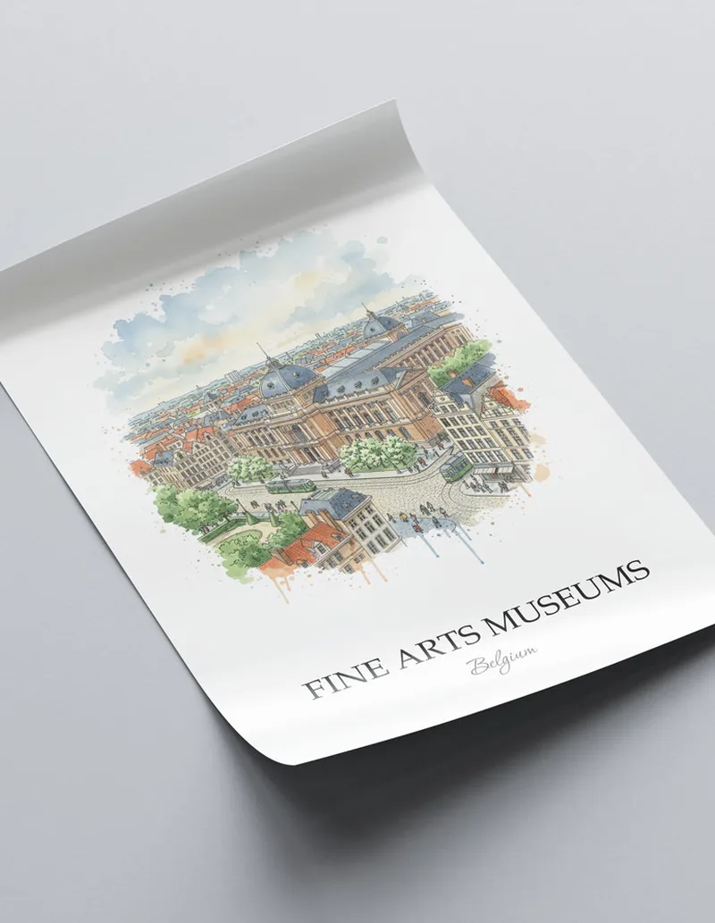 A close-up of a high-quality paper print featuring the Fine Arts Museums in Belgium minimalist design.