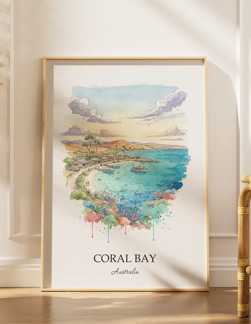 Vintage travel poster of Coral Bay, Australia in a light frame displayed above a sofa in a bright boho interior.
