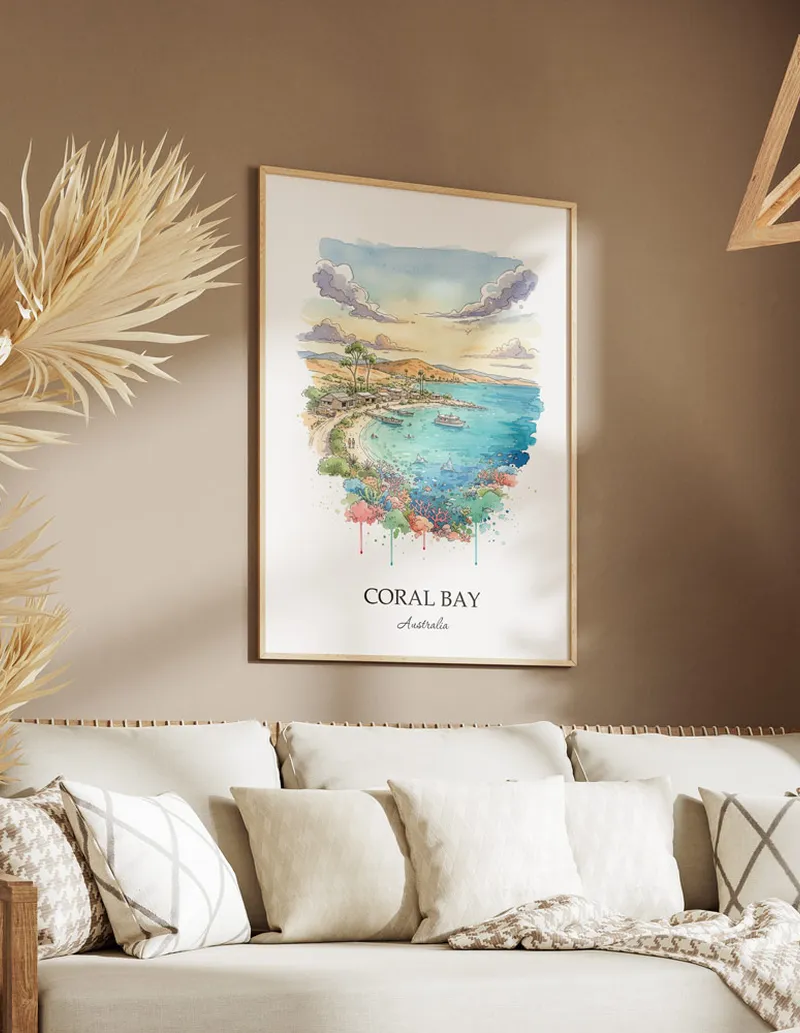 Framed wall art featuring Coral Bay in Australia in a light wood frame leaning on the floor.
