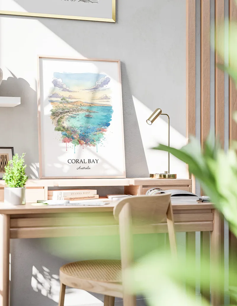 A lovely interior preview showcasing a vintage-vibe travel poster design of the scenic Coral Bay in Australia.