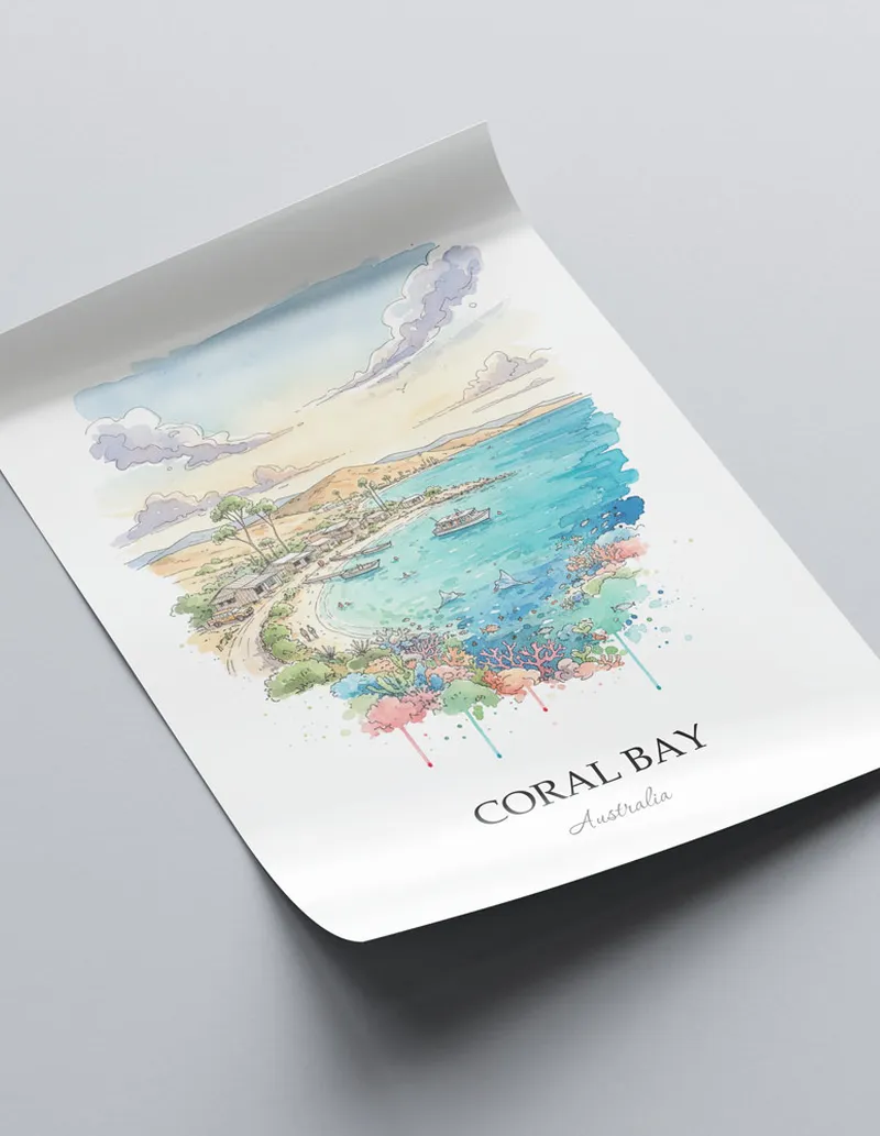 Framed wall art featuring Coral Bay, Australia in a light wood frame hanging above a sofa in a modern living room.