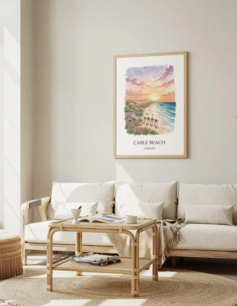 A close-up of a high-quality paper print featuring the Cable Beach in Australia minimalist design.