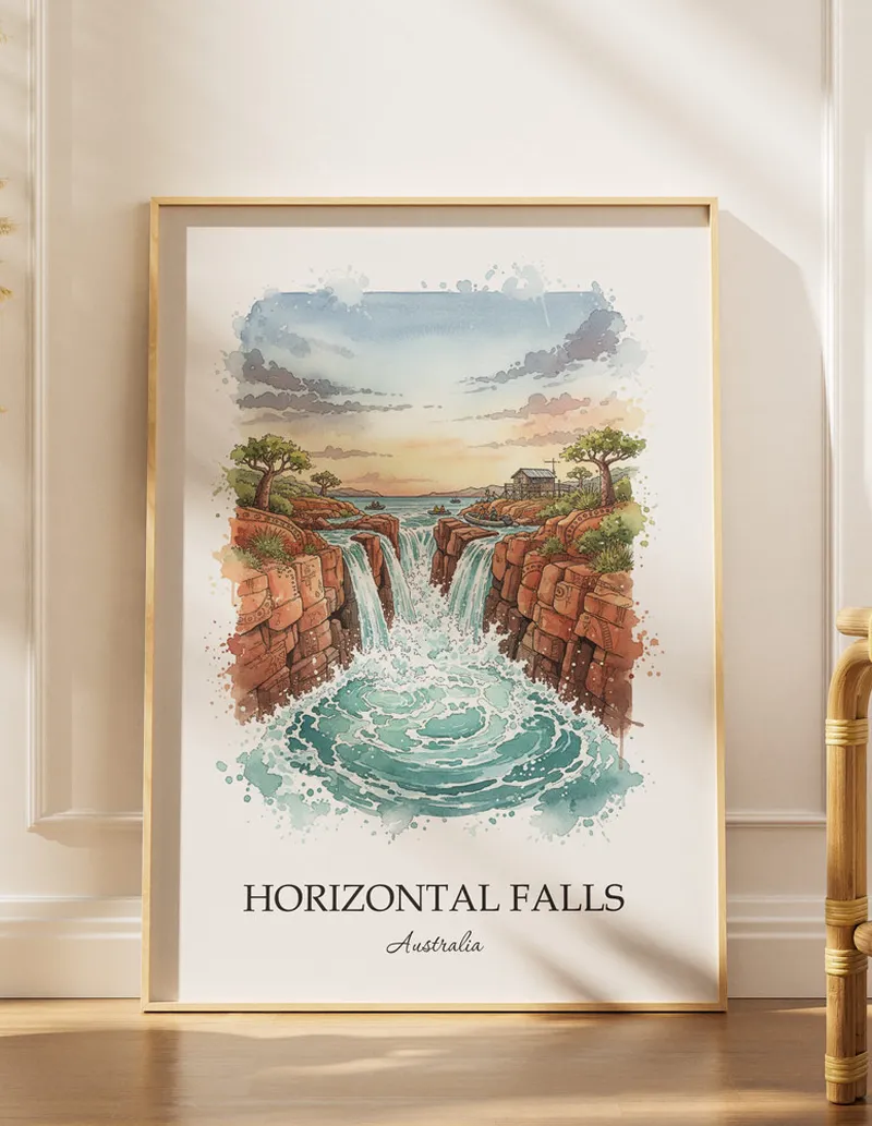 Vintage travel poster of Horizontal Falls, Australia in a light frame displayed above a sofa in a bright boho interior.