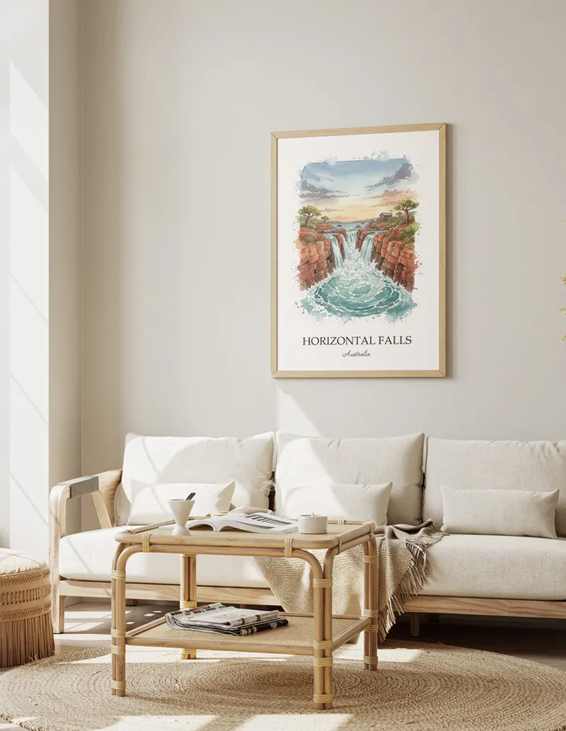 A close-up of a high-quality paper print featuring the Horizontal Falls in Australia minimalist design.