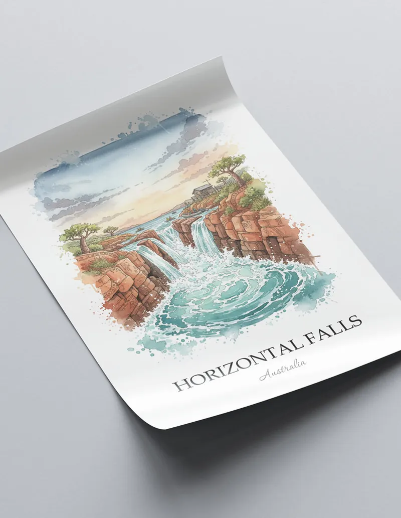 Framed wall art featuring Horizontal Falls, Australia in a light wood frame hanging above a sofa in a modern living room.