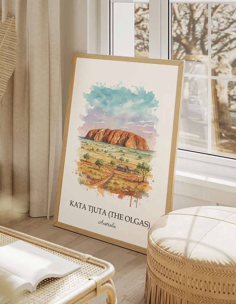A clean and modern mockup showing a framed Kata Tjuta, Australia print on a minimalist background.