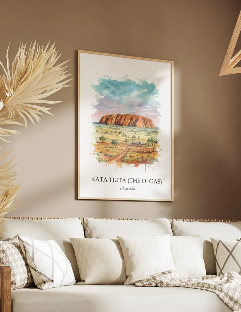 Framed wall art featuring Kata Tjuta in Australia in a light wood frame leaning on the floor.