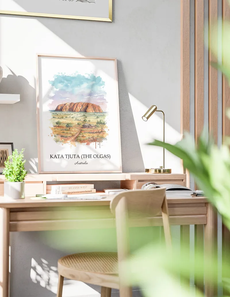 A lovely interior preview showcasing a vintage-vibe travel poster design of the scenic Kata Tjuta in Australia.