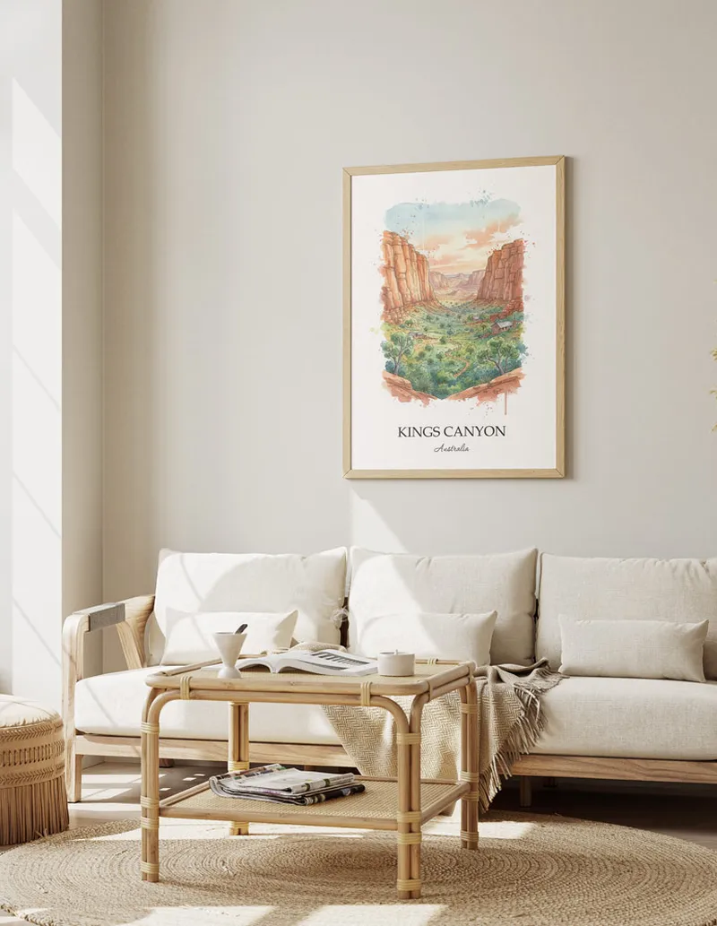 A close-up of a high-quality paper print featuring the Kings Canyon in Australia minimalist design.