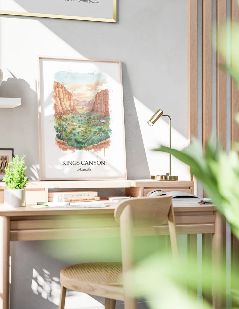 A lovely interior preview showcasing a vintage-vibe travel poster design of the scenic Kings Canyon in Australia.