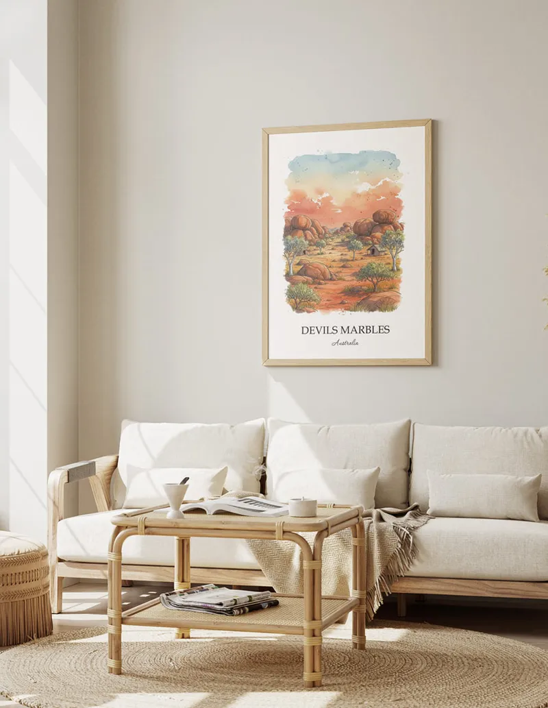 A close-up of a high-quality paper print featuring the Devils Marbles in Australia minimalist design.